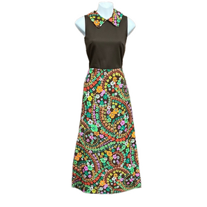 Vintage 70s Floral flower power Mod sleeveless Maxi Dress with Collar XS Pop Art